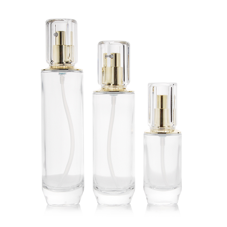 Botol Lotion Kaca Buram Kosong untuk Kosmetik dengan Pompa, Ukuran 30g, 40g, 40ml, 100ml, 130ml, Toples Krim Bulat dengan Tutup Emas