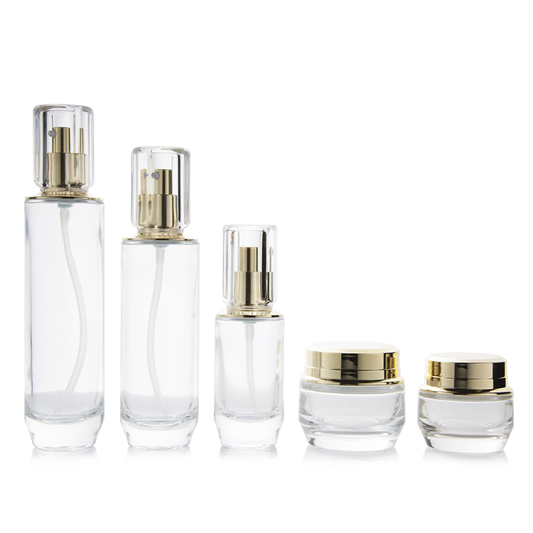 Botol Lotion Kaca Buram Kosong untuk Kosmetik dengan Pompa, Ukuran 30g, 40g, 40ml, 100ml, 130ml, Toples Krim Bulat dengan Tutup Emas