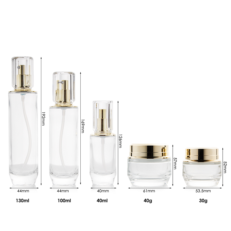 Botol Lotion Kaca Buram Kosong untuk Kosmetik dengan Pompa, Ukuran 30g, 40g, 40ml, 100ml, 130ml, Toples Krim Bulat dengan Tutup Emas