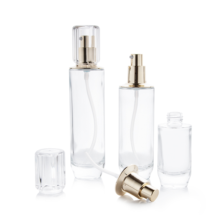 Botol Lotion Kaca Buram Kosong untuk Kosmetik dengan Pompa, Ukuran 30g, 40g, 40ml, 100ml, 130ml, Toples Krim Bulat dengan Tutup Emas