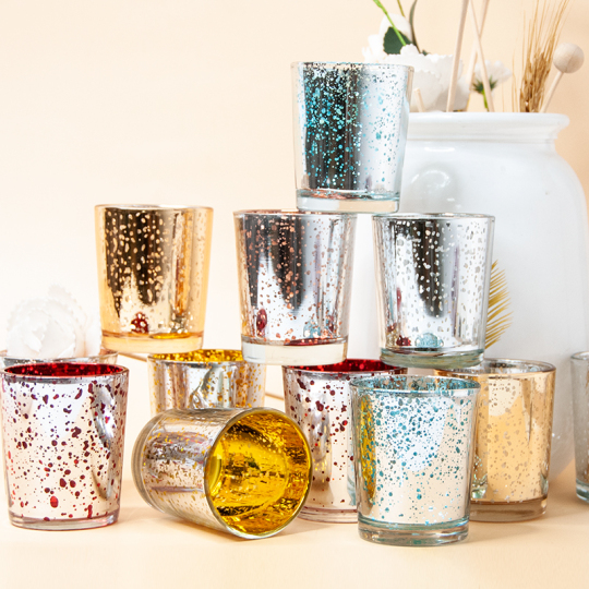 Пустые стеклянные подсвечники, фонари и банки для свечей с гальваническим покрытием