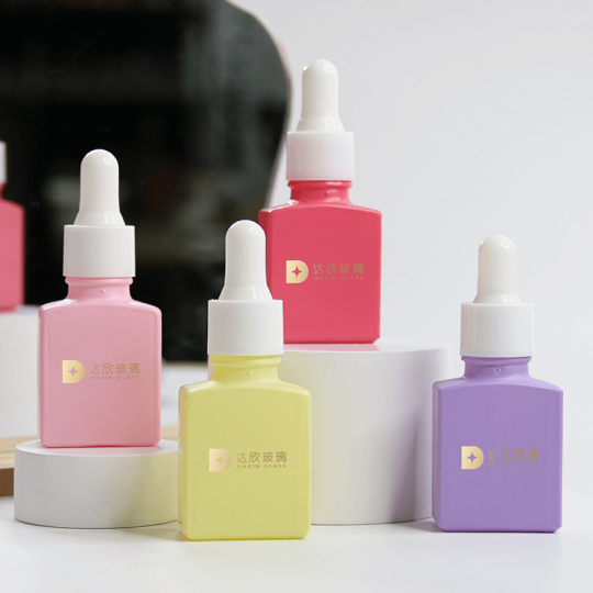 Botol Minyak Esensial Persegi Kaca Penetes Warna Pelangi Buram 15Ml