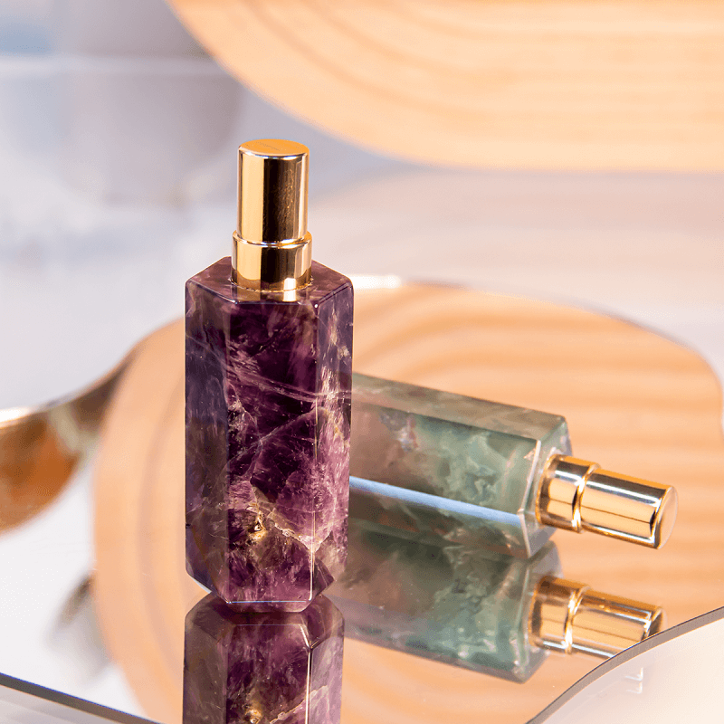 Perfume de viaje de 8 ml con forma de frasco pulverizador de rosca, de mármol y jade con piedras preciosas de cristal.