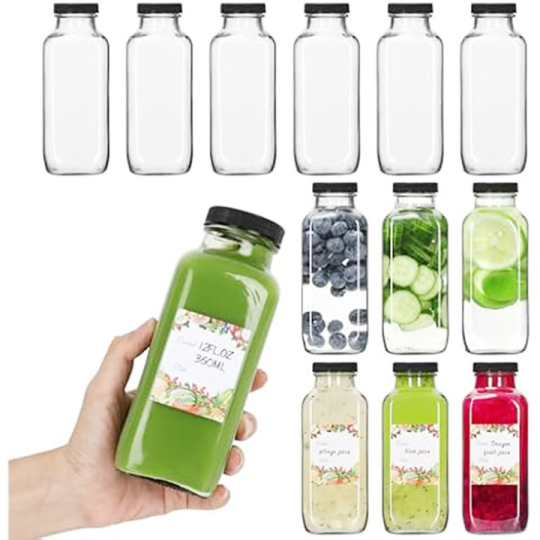 工厂批发透明250ml 350ml 500ml方形饮料玻璃瓶玻璃果汁瓶带塑料盖