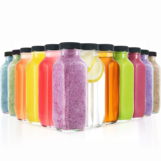 Bottiglie di vetro per bevande quadrate trasparenti da 250 ml, 350 ml e 500 ml all'ingrosso in fabbrica, bottiglie di vetro per succhi di frutta con coperchio in plastica