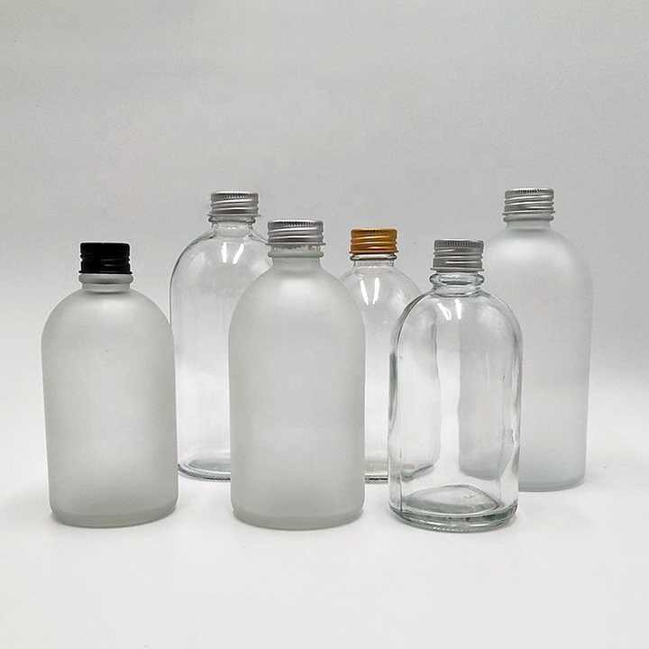 Empty Clear Frosted Boston Round Beverage Juice Glass Bottle