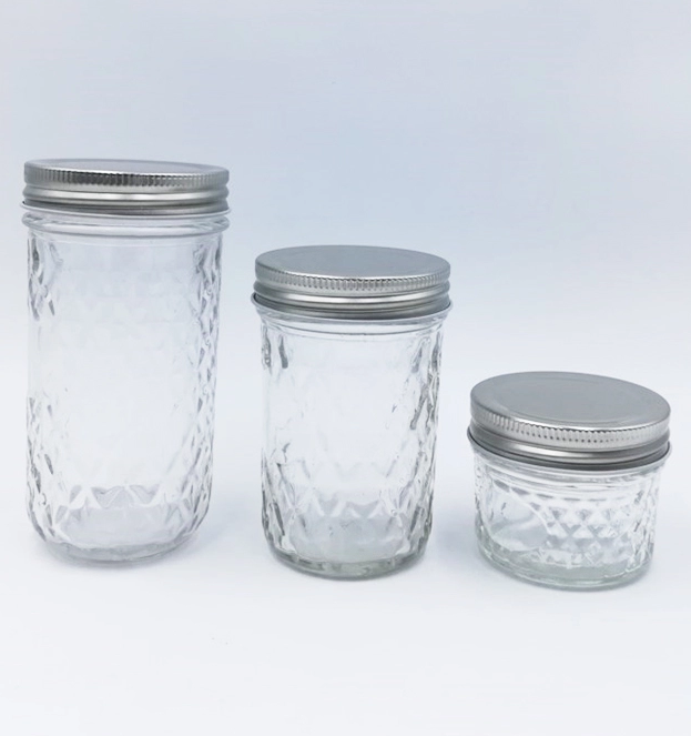 Stoples kaca Mason bening ukuran 4oz/8oz untuk selai kaviar dan jeli, dilengkapi tutup.