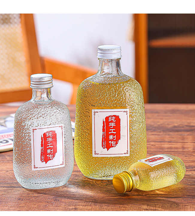 Botol Kaca Datar Bermotif Palu untuk Susu, Kombucha, Teh, Kopi Seduh Dingin, Minuman, dengan Tutup