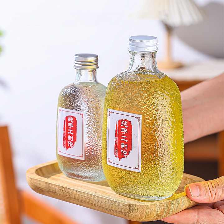 Botol Kaca Datar Bermotif Palu untuk Susu, Kombucha, Teh, Kopi Seduh Dingin, Minuman, dengan Tutup