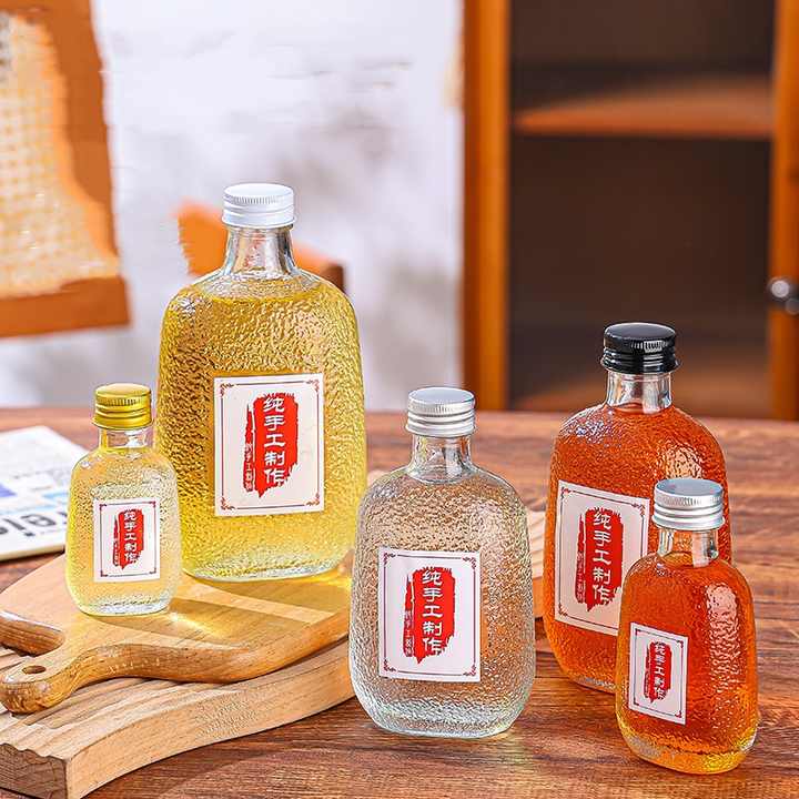 Botol Kaca Datar Bermotif Palu untuk Susu, Kombucha, Teh, Kopi Seduh Dingin, Minuman, dengan Tutup