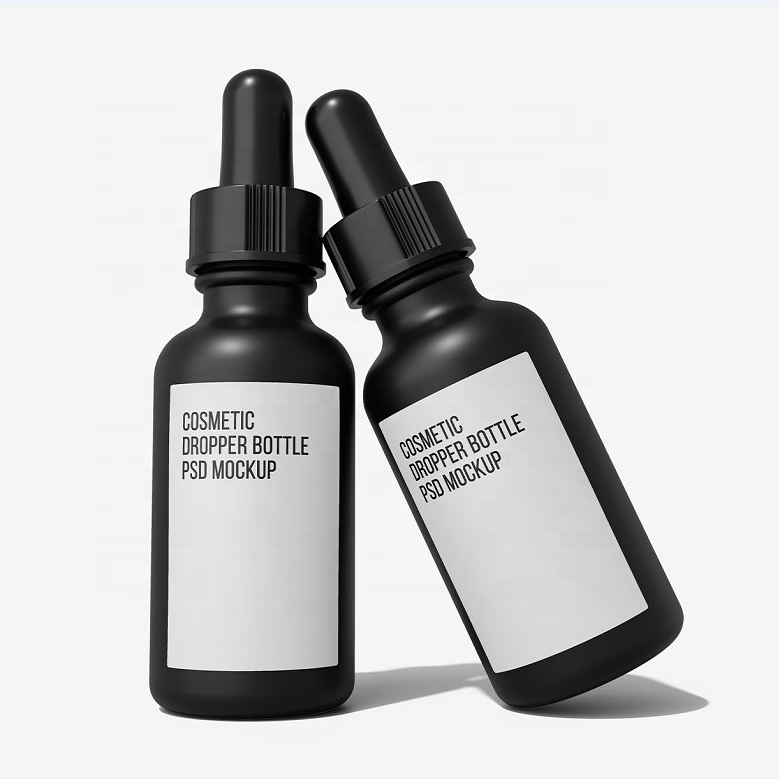 Botol Penitis Kaca Hitam Matte Kosmetik Tersuai 30ml untuk Pembungkusan Minyak Pati Serum