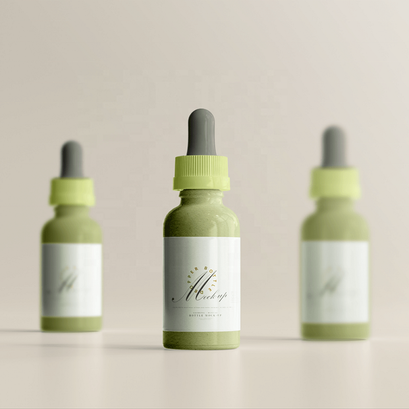 Frasco cuentagotas de vidrio verde transparente personalizado para cosméticos, tamaños de 30 ml, 50 ml y 100 ml, forma redonda, envase para aceites esenciales con caja.