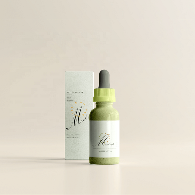 定制透明绿色玻璃滴管瓶，适用于化妆品，30ml、50ml、100ml 容量，圆形，精油包装，带包装盒