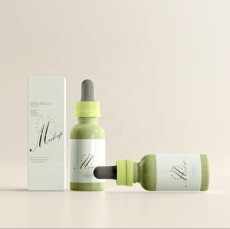 定制透明绿色玻璃滴管瓶，适用于化妆品，30ml、50ml、100ml 容量，圆形，精油包装，带包装盒