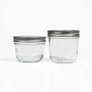 Transparente, nachfüllbare, luftdichte Mason-Weithalglas-Kaviarflasche aus Glas mit Metalldeckel