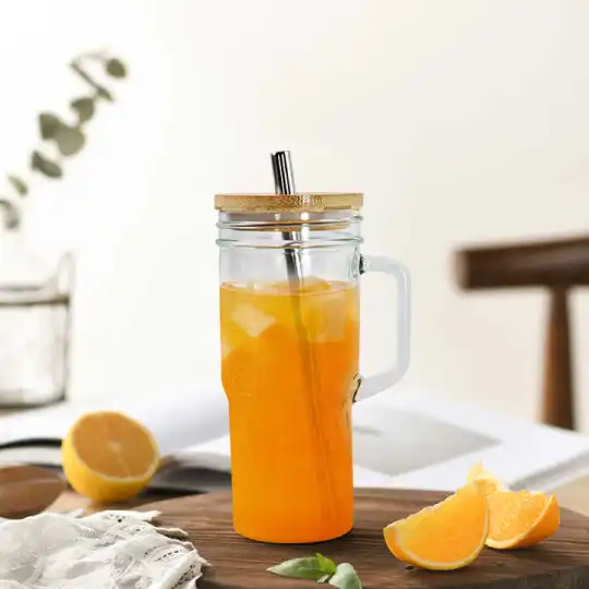 24 盎司玻璃杯，带盖和吸管 24 盎司带手柄玻璃杯 咖啡杯 玻璃杯 梅森罐杯 饮水套装