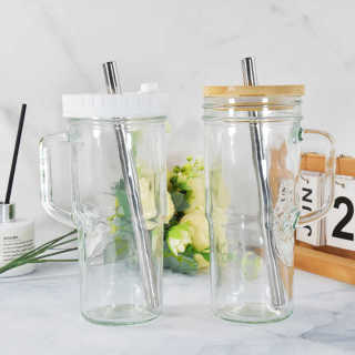 24oz Glasbecher mit Deckel und Strohhalmen 24oz Becher mit Griff Kaffeetassen Gläser Einmachglasbecher Trinkset