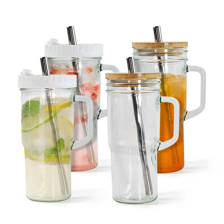 Gelas Kaca 24oz dengan Tutup dan Sedotan, Gelas Minum 24oz dengan Pegangan, Gelas Kopi, Gelas, Gelas Toples Mason, Set Minuman