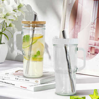 24oz Glasbecher mit Deckel und Strohhalmen 24oz Becher mit Griff Kaffeetassen Gläser Einmachglasbecher Trinkset