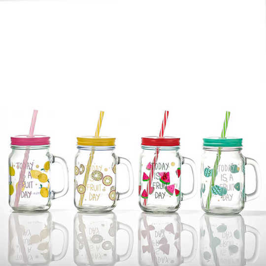 Toples Kaca Mason Obral dengan Sedotan dan Tutup Logam - Wadah Minum Mulut Lebar 16oz (480ml)