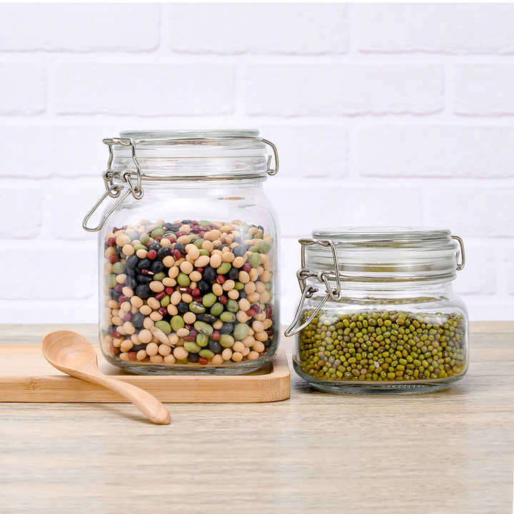 Stoples Kaca Penyimpanan Mason Jar 500ml 750ml 1000ml 1500ml Stoples Kaca Penyimpanan Makanan Dapur untuk Kue dan Acar dengan Tutup Jepit
