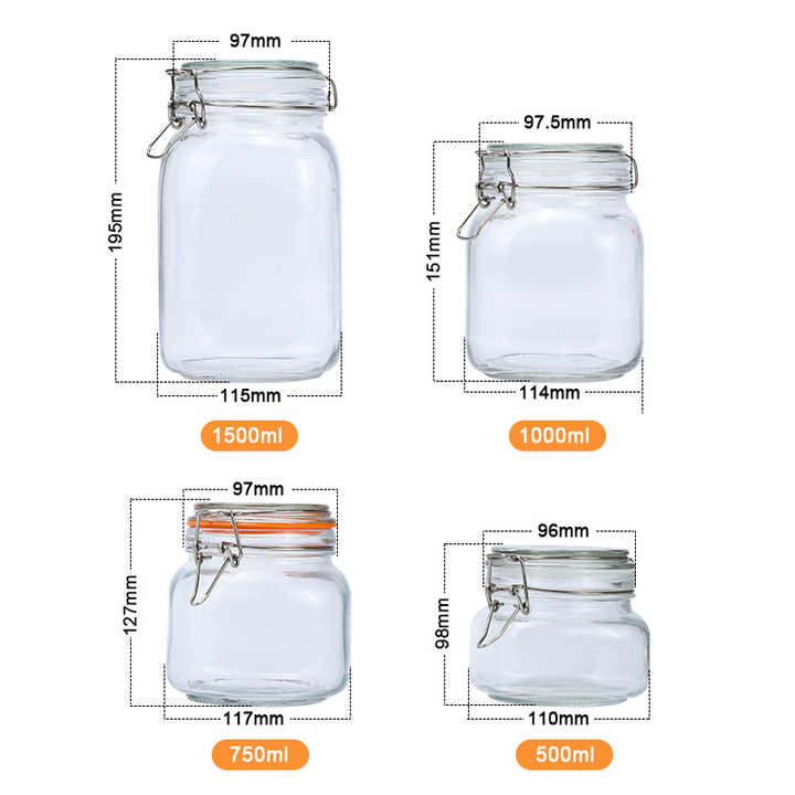 Stoples Kaca Penyimpanan Mason Jar 500ml 750ml 1000ml 1500ml Stoples Kaca Penyimpanan Makanan Dapur untuk Kue dan Acar dengan Tutup Jepit