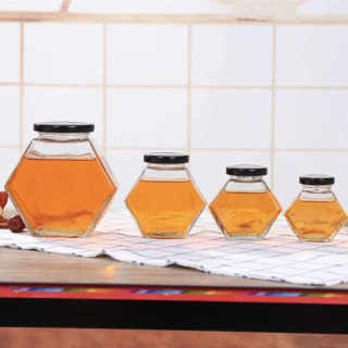 Glass Hexagon Shape Honey Pot Container with Wooden Dipper and Cork Lid