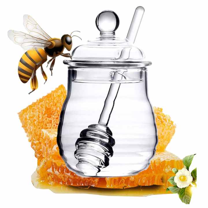 Stoples Madu Kaca Borosilikat Tahan Lama 280ml dengan Pengaduk