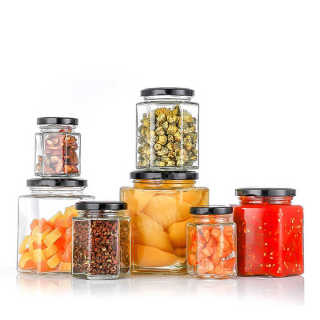 Multi Capacity Clear Hexagonal Glass Honey Jam Jars with Lids