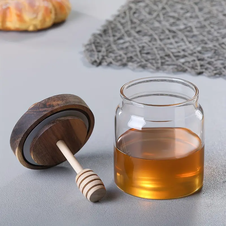 Balang Kaca Bulat Moden 500ml yang Indah dengan Penutup Kayu dan Rod Kacau