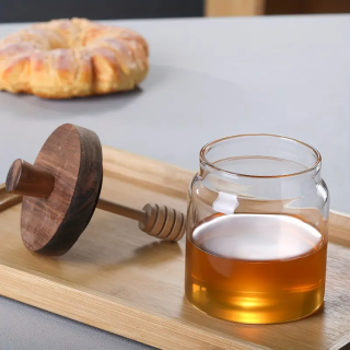 Bocal en verre rond moderne et exquis de 500 ml avec couvercle en bois et tige d'agitation