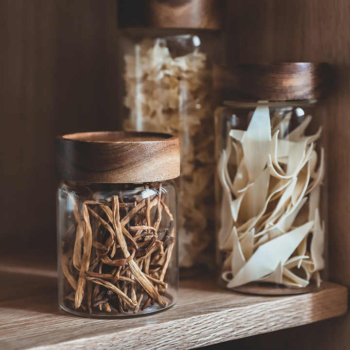 Aksesori Dapur, Stoples Bumbu, Stoples Penyimpanan Kaca Borosilikat Food Grade dengan Tutup Kayu