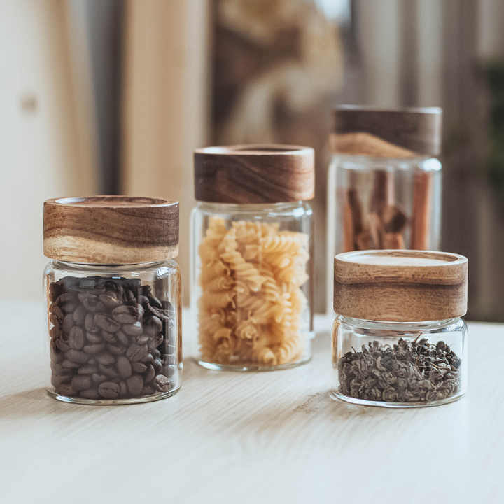 Aksesori Dapur, Stoples Bumbu, Stoples Penyimpanan Kaca Borosilikat Food Grade dengan Tutup Kayu