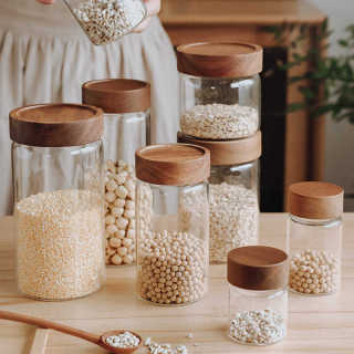 Kitchen Accessories Spice Jar Food Grade Borosilicate Glass Storage Jars With Wooden Lid