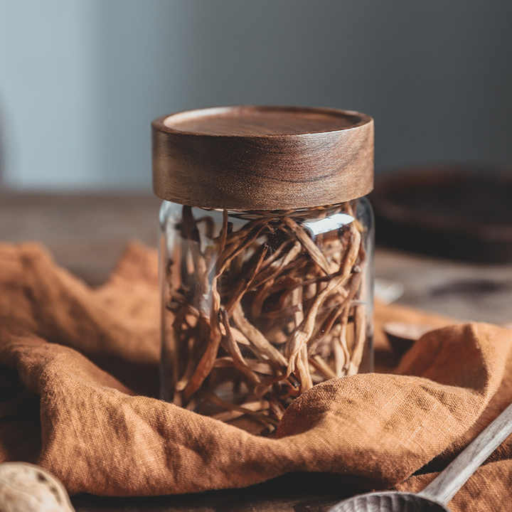 glass storage jar with wood lid