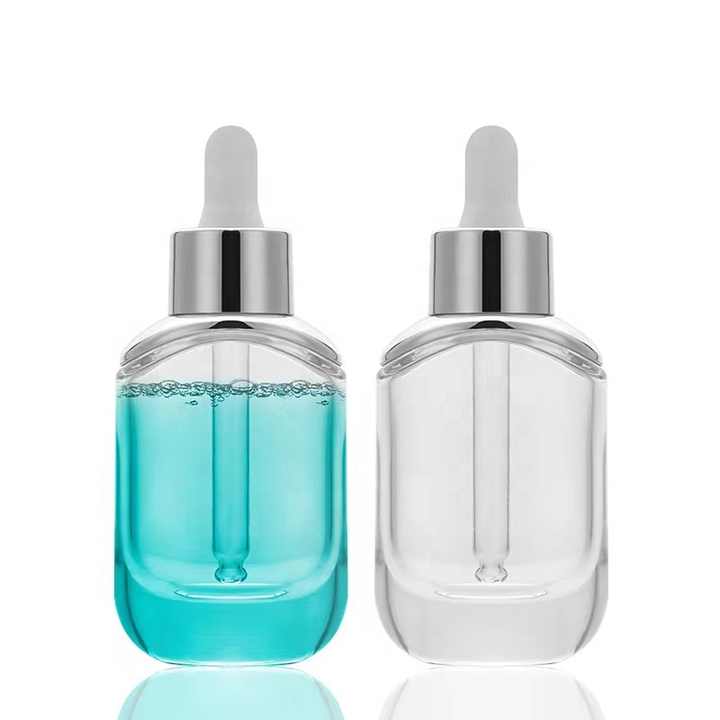 Pemasok Kemasan Kosmetik Grosir 30ml Botol Pipet Kaca Minyak Esensial dengan Bahu Perak