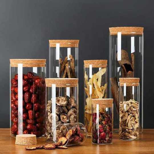 Recipiente cilíndrico para almacenar alimentos de vidrio borosilicato transparente soplado a mano con corcho