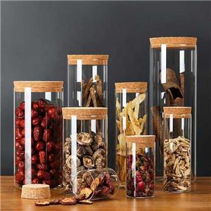 손으로 만든 투명 붕규산 유리 실린더, 코르크가 달린 식품 보관 항아리