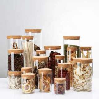 손으로 만든 투명 붕규산 유리 실린더, 코르크가 달린 식품 보관 항아리