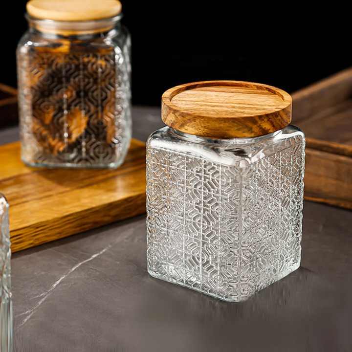 Glass Storage Spice Jar With Bamboo Wooden Lid