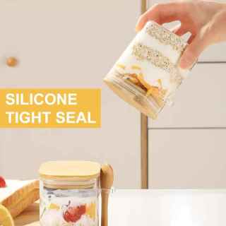 Квадратный стеклянный контейнер для хранения продуктов с бамбуковой крышкой и ложкой