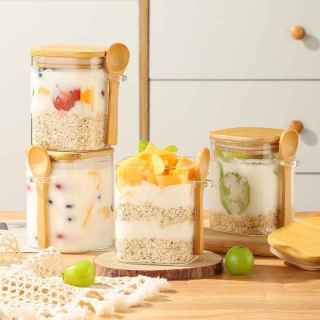 Square Glass Food Storage Container with Bamboo Lid and Spoon
