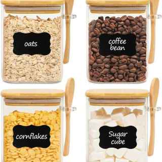 Квадратный стеклянный контейнер для хранения продуктов с бамбуковой крышкой и ложкой