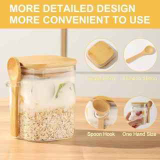 Квадратный стеклянный контейнер для хранения продуктов с бамбуковой крышкой и ложкой