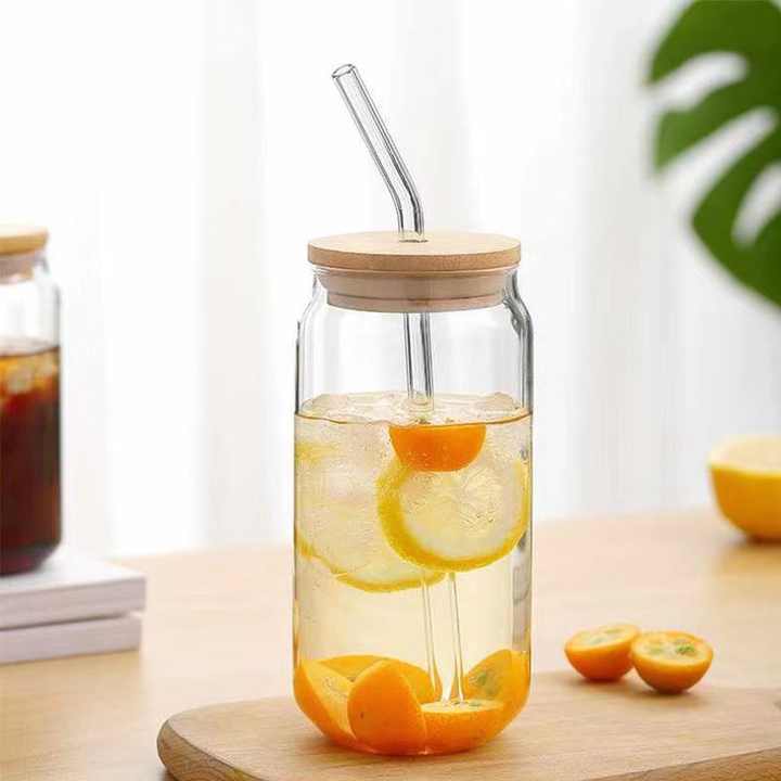 Vaso de vidrio en forma de lata de cerveza y refresco en blanco de 12 oz y 400 ml con tapa de bambú