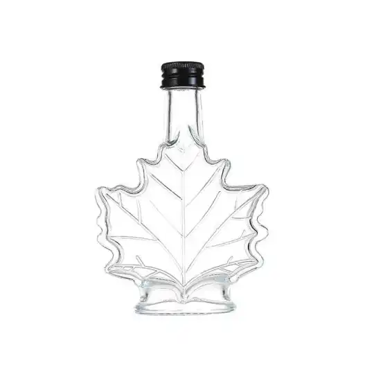 Botella de bebida de vidrio con forma de hoja de arce de venta caliente, botella de vino de vidrio de 50 ml y 100 ml