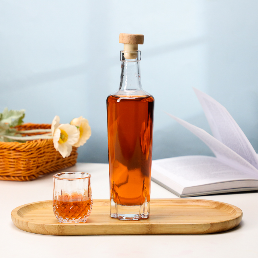 Botol Minuman Keras Kaca Berbentuk Unik 375ml dengan Tutup Kayu untuk Brandy Tequila Mewah