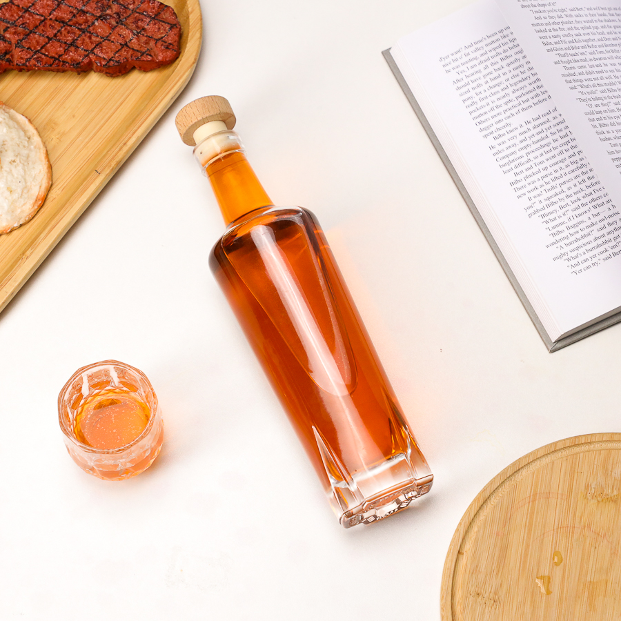 Botol Minuman Keras Kaca Berbentuk Unik 375ml dengan Tutup Kayu untuk Brandy Tequila Mewah