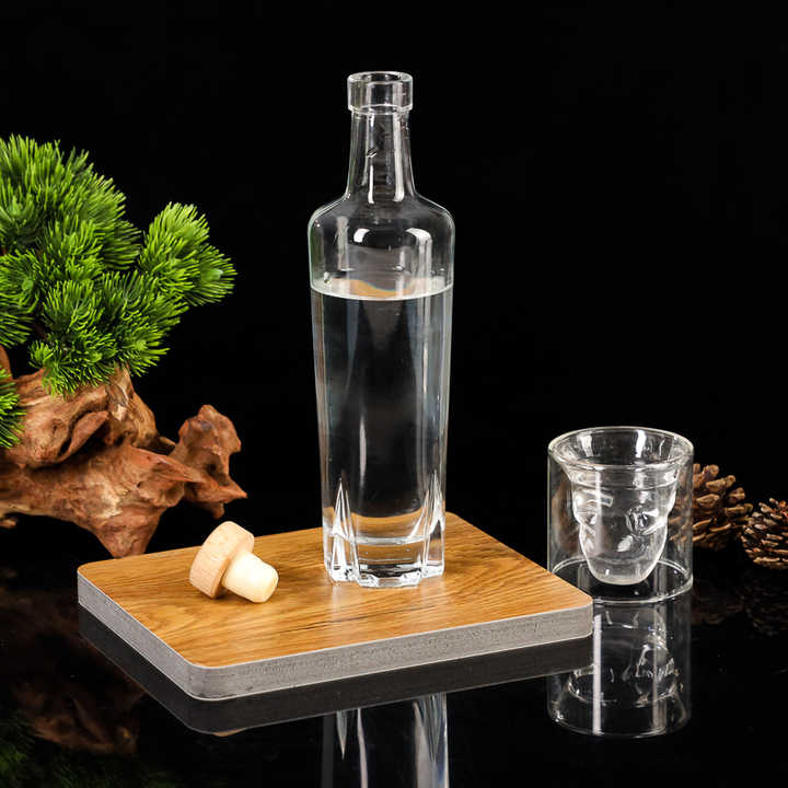 Botol Minuman Keras Kaca Berbentuk Unik 375ml dengan Tutup Kayu untuk Brandy Tequila Mewah