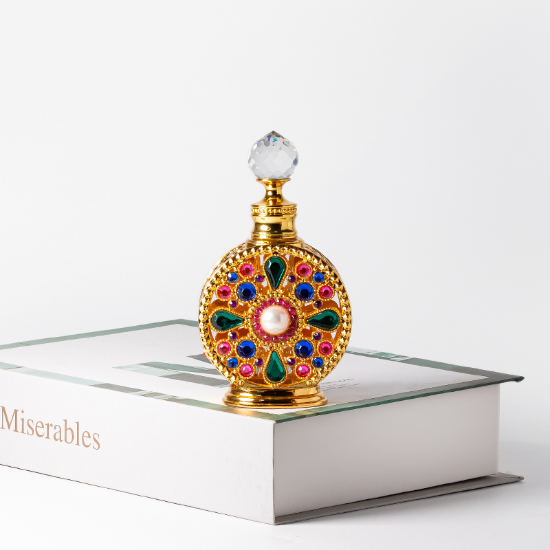 12ml Unique Dubai Arabic Style Metal Essential Oil Attar Perfume Glass Bottles With Glass Stick
